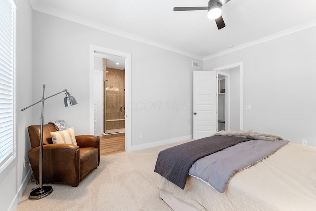 5599 Piatt Rd, Lewis Center, OH 43035 - bedroom with ornamental molding, light carpet, ensuite bathroom, and a ceiling fan