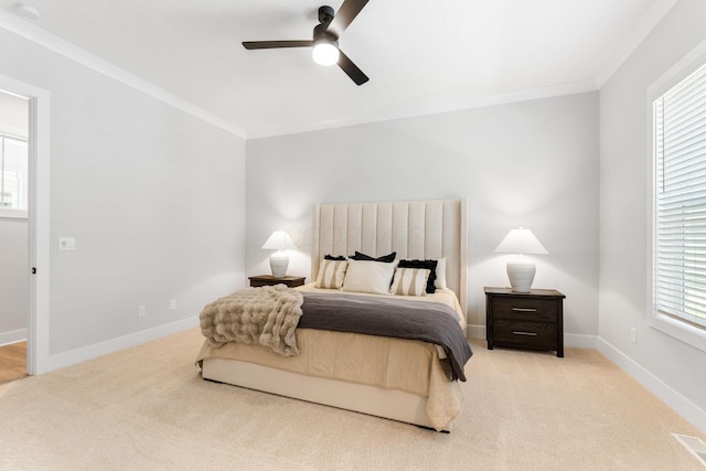 5599 Piatt Rd, Lewis Center, OH 43035 - bedroom with light colored carpet, crown molding, and ceiling fan