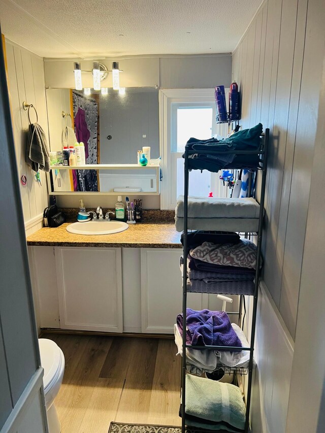 12030 Holly Dr Unit 31, Lakeview, OH 43331 - half bath with wood finished floors, vanity, a textured ceiling, toilet, and wood walls