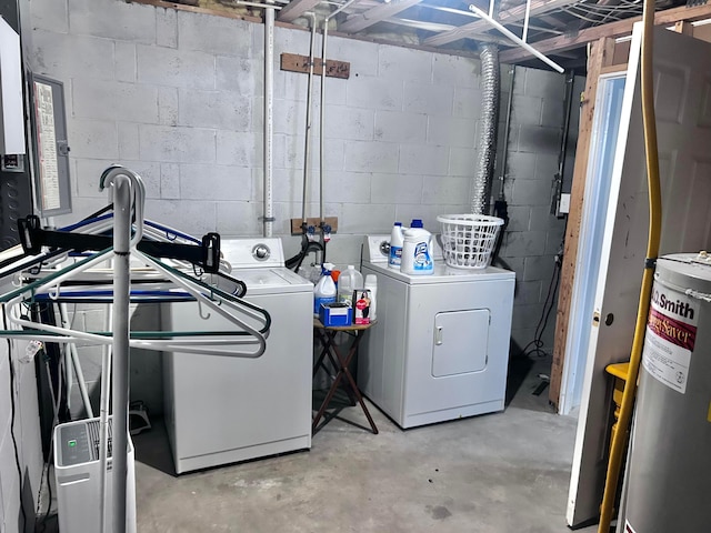 unfinished below grade area with washer and dryer and gas water heater
