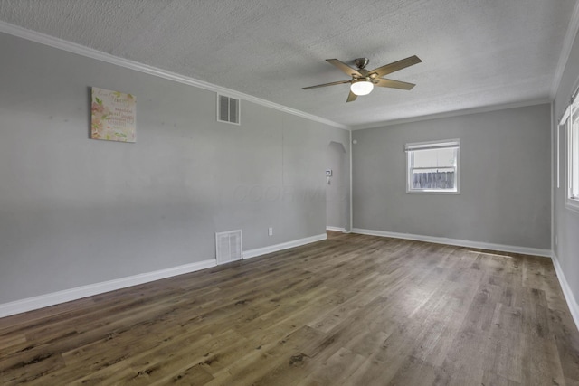 392 S Hampton Rd, Columbus, OH 43213 - empty room featuring ceiling fan, ornamental molding, wood finished floors, a textured ceiling, and baseboards