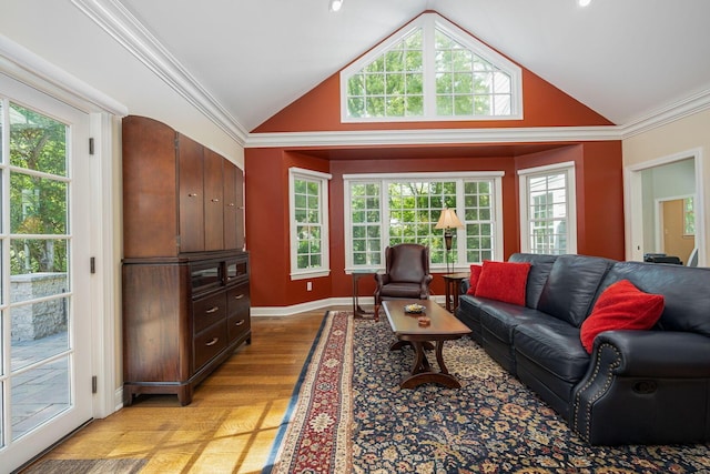 366 W S St, Worthington, OH 43085 - living room featuring vaulted ceiling, light wood-style floors, and ornamental molding