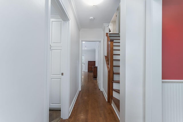 366 W S St, Worthington, OH 43085 - hallway with wood finished floors, stairway, and crown molding