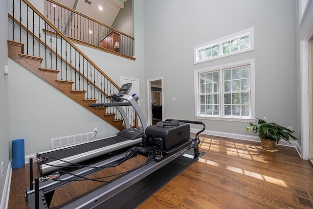 366 W S St, Worthington, OH 43085 - workout room with a towering ceiling and wood finished floors
