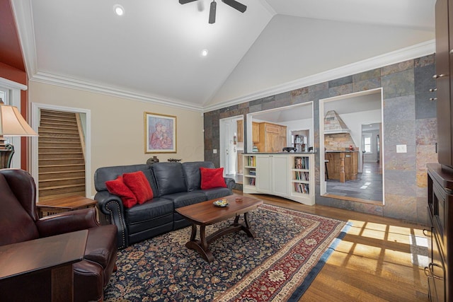 366 W S St, Worthington, OH 43085 - living area featuring ceiling fan, wood finished floors, stairway, high vaulted ceiling, and recessed lighting