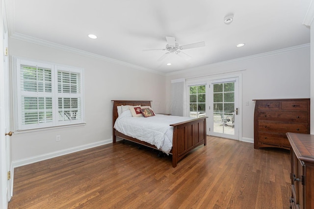 366 W S St, Worthington, OH 43085 - bedroom featuring wood finished floors, access to outside, recessed lighting, ornamental molding, and a ceiling fan