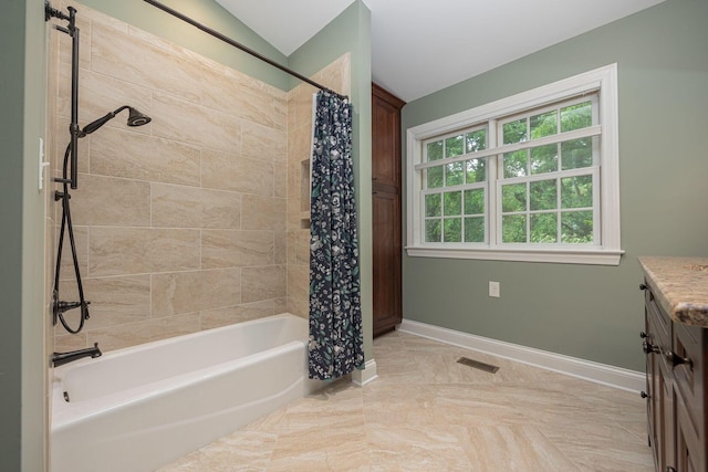 366 W S St, Worthington, OH 43085 - full bathroom featuring shower / bath combo with shower curtain, vanity, and vaulted ceiling