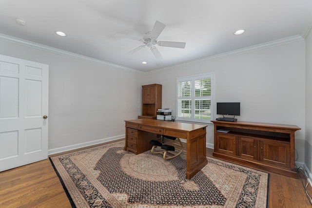 366 W S St, Worthington, OH 43085 - office area featuring ornamental molding, wood finished floors, ceiling fan, and recessed lighting