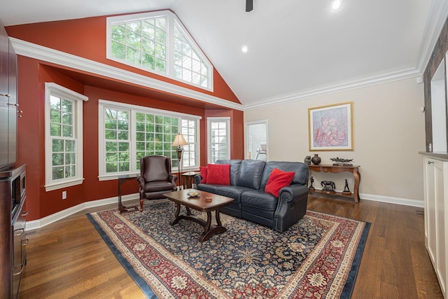 366 W S St, Worthington, OH 43085 - living area featuring wood finished floors, ornamental molding, high vaulted ceiling, and recessed lighting