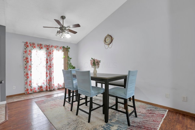 4966 Brice Creek Dr, Canal Winchester, OH 43110 - dining area with a ceiling fan, vaulted ceiling, wood finished floors, and baseboards
