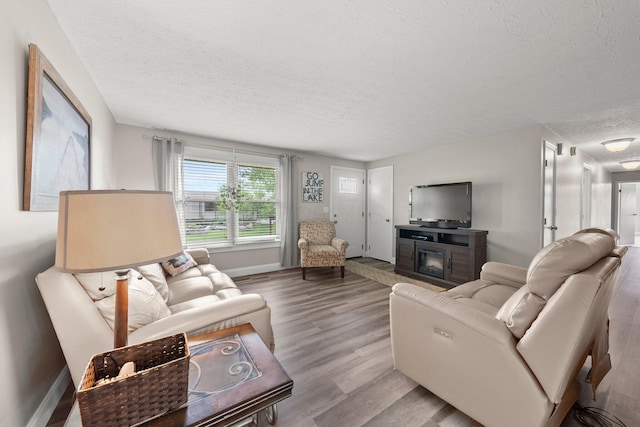 1244 E Choctaw Dr, London, OH 43140 - living room featuring a textured ceiling, baseboards, wood finished floors, and a glass covered fireplace