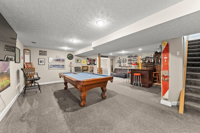 1244 E Choctaw Dr, London, OH 43140 - game room featuring a bar, baseboards, a textured ceiling, carpet flooring, and billiards table