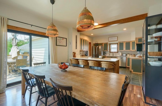 841 E Mulberry St, Lancaster, OH 43130 - dining space with dark wood-style floors, recessed lighting, and beam ceiling