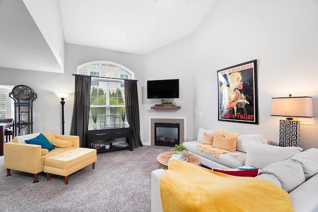4481 Newport Loop E, Grove City, OH 43123 - living room with carpet flooring, a glass covered fireplace, and high vaulted ceiling