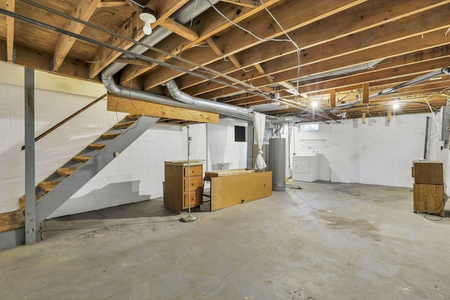 1950-1952 Bairsford Dr, Columbus, OH 43232 - unfinished basement with water heater, stairs, concrete block wall, and washing machine and dryer