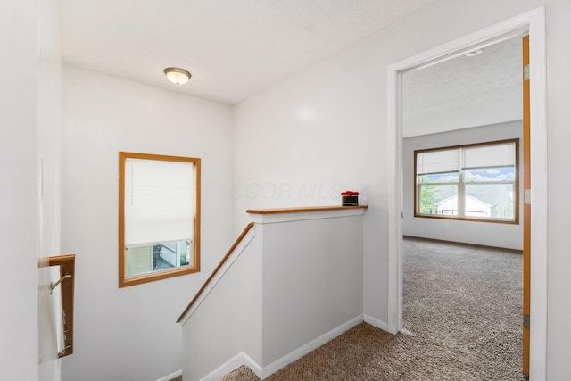 hallway featuring an upstairs landing, carpet, and baseboards