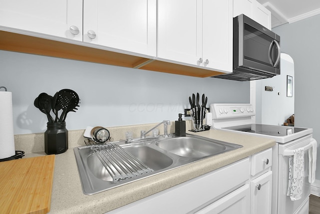 523 S Napoleon Ave, Columbus, OH 43213 - kitchen with stainless steel microwave, white electric stove, light countertops, white cabinets, and a sink