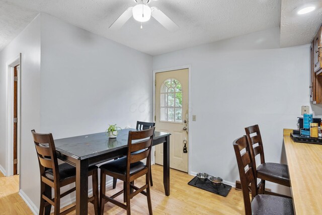 214 Sylvan Dr, Delaware, OH 43015 - dining room featuring light wood-style flooring, a textured ceiling, a ceiling fan, and baseboards