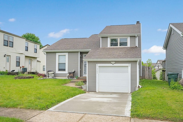 5309 Trillium Ct, Columbus, OH 43230 - view of front facade with a front lawn, a shingled roof, concrete driveway, and a chimney