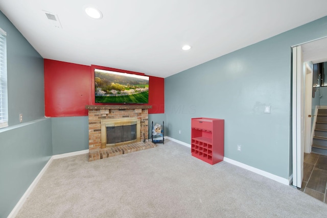 5309 Trillium Ct, Columbus, OH 43230 - unfurnished living room with a fireplace, carpet floors, baseboards, recessed lighting, and stairway