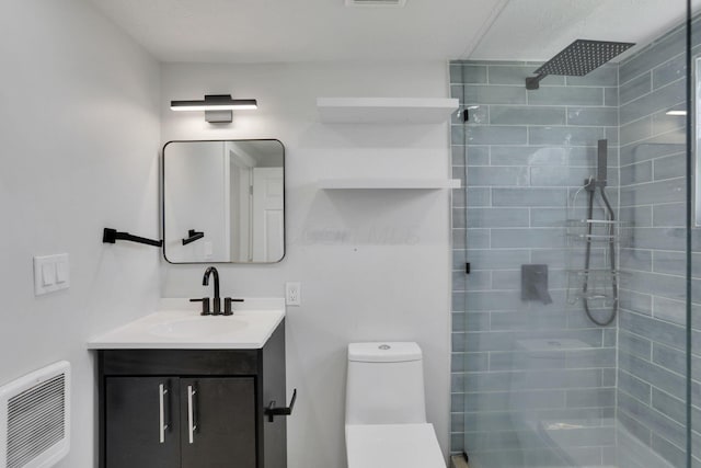 841 Saint Clair Ave, Columbus, OH 43201 - bathroom featuring toilet, vanity, tiled shower, and heating unit
