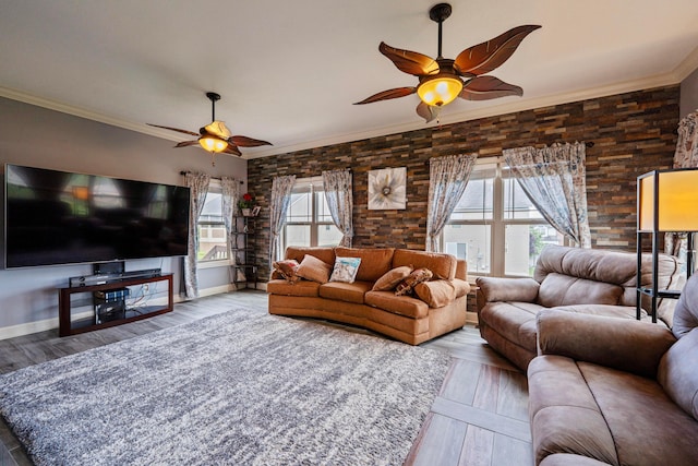 7563 Jenkins Dr, Canal Winchester, OH 43110 - living room featuring ceiling fan, crown molding, baseboards, and wood finished floors