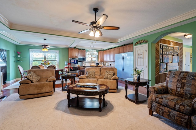 7563 Jenkins Dr, Canal Winchester, OH 43110 - living area with ceiling fan, crown molding, and arched walkways