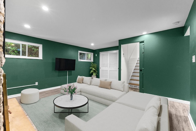 270 S Kellner Rd, Columbus, OH 43209 - living room featuring wood finished floors, stairway, recessed lighting, and baseboards
