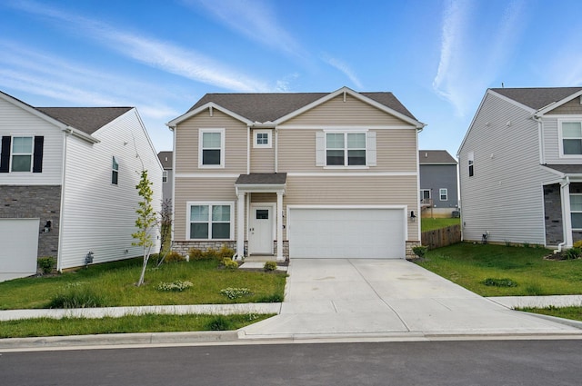 314 Sandburg Dr, Lithopolis, OH 43136 - traditional-style house featuring a garage, concrete driveway, a front yard, and stone siding