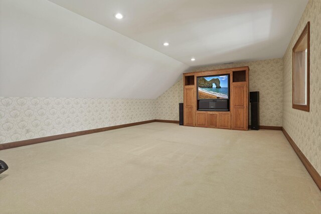 1200 Willow Rd, Springfield, OH 45502 - bonus room featuring wallpapered walls, vaulted ceiling, light carpet, recessed lighting, and baseboards
