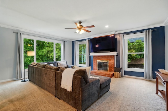 5741 Ridgewood Ave, Westerville, OH 43082 - living area with crown molding, light carpet, ceiling fan, a fireplace, and baseboards