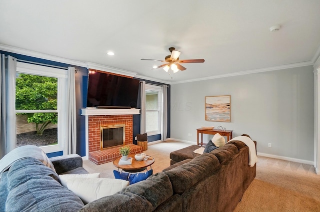 5741 Ridgewood Ave, Westerville, OH 43082 - living room with light colored carpet, baseboards, a ceiling fan, ornamental molding, and recessed lighting