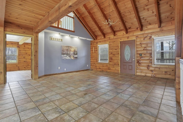 7760 Township Rd 177, Fredericktown, OH 43019 - foyer entrance featuring wooden ceiling with exposed beams, high vaulted ceiling, and wood walls