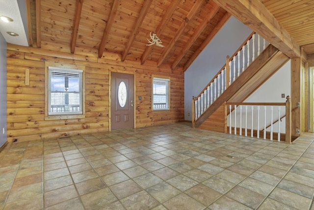 7760 Township Rd 177, Fredericktown, OH 43019 - foyer entrance featuring wood ceiling, light stone finish flooring, and stairs