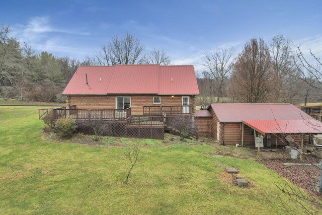 7760 Township Rd 177, Fredericktown, OH 43019 - rear view of property featuring a wooden deck, a yard, log exterior, and metal roof