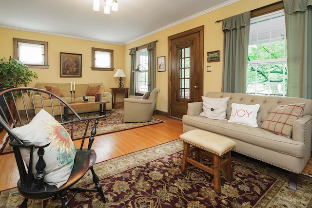 2454 Seneca Park Pl, Columbus, OH 43209 - living room with ornamental molding, healthy amount of natural light, wood finished floors, and baseboards