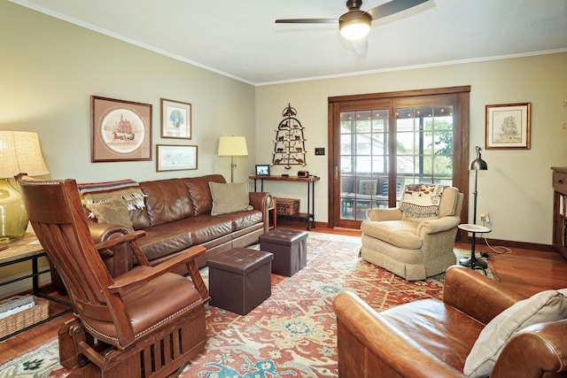 2454 Seneca Park Pl, Columbus, OH 43209 - living room featuring baseboards, a ceiling fan, wood finished floors, and ornamental molding