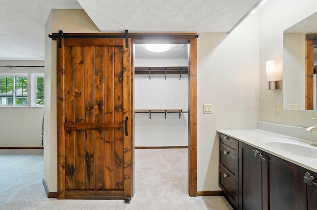 127 Saint Michelle St Unit 35B, Columbus, OH 43085 - bathroom featuring vanity, baseboards, a textured ceiling, and a spacious closet
