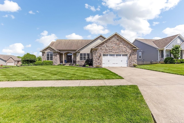 2036 Amber Wood Pl, Lancaster, OH 43130 - view of front of home with stone siding, a front yard, concrete driveway, and an attached garage