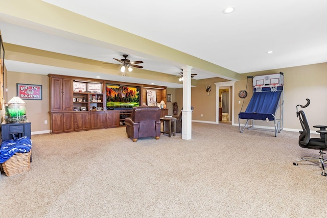 2036 Amber Wood Pl, Lancaster, OH 43130 - living room featuring decorative columns, light colored carpet, baseboards, recessed lighting, and a ceiling fan