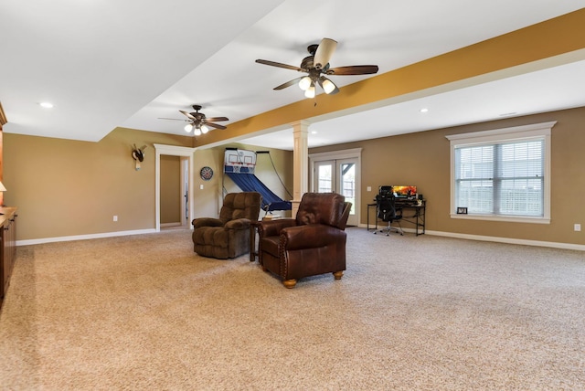 2036 Amber Wood Pl, Lancaster, OH 43130 - living room featuring carpet flooring, a ceiling fan, ornate columns, baseboards, and recessed lighting