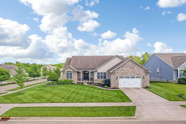 2036 Amber Wood Pl, Lancaster, OH 43130 - ranch-style house featuring stone siding, a front yard, an attached garage, and concrete driveway