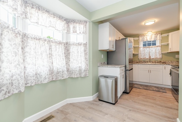 162 E Morrill Ave, Columbus, OH 43207 - kitchen with appliances with stainless steel finishes, light wood finished floors, baseboards, white cabinetry, and light stone countertops