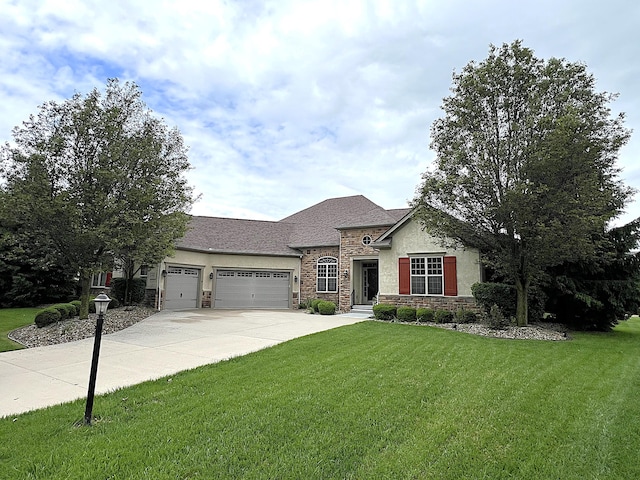 6281 Braymoore Dr, Galena, OH 43021 - view of front of property with stone siding, an attached garage, a front yard, and driveway