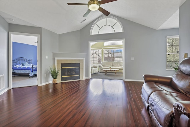 6542 Lakeview Cir, Canal Winchester, OH 43110 - living area featuring wood finished floors, a ceiling fan, lofted ceiling, healthy amount of natural light, and a fireplace
