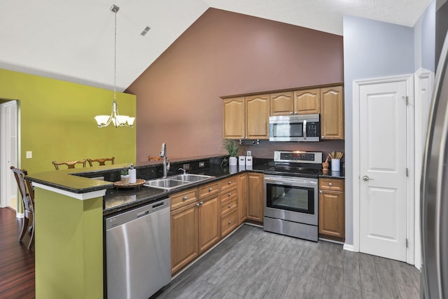 6542 Lakeview Cir, Canal Winchester, OH 43110 - kitchen featuring stainless steel appliances, a sink, a peninsula, high vaulted ceiling, and a chandelier