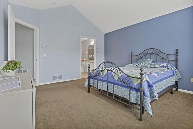6542 Lakeview Cir, Canal Winchester, OH 43110 - carpeted bedroom with baseboards, high vaulted ceiling, and ensuite bathroom