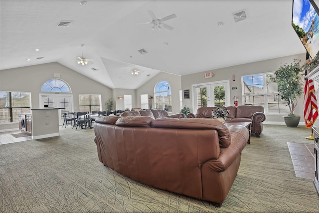 6542 Lakeview Cir, Canal Winchester, OH 43110 - living room featuring ceiling fan, carpet, lofted ceiling, healthy amount of natural light, and recessed lighting