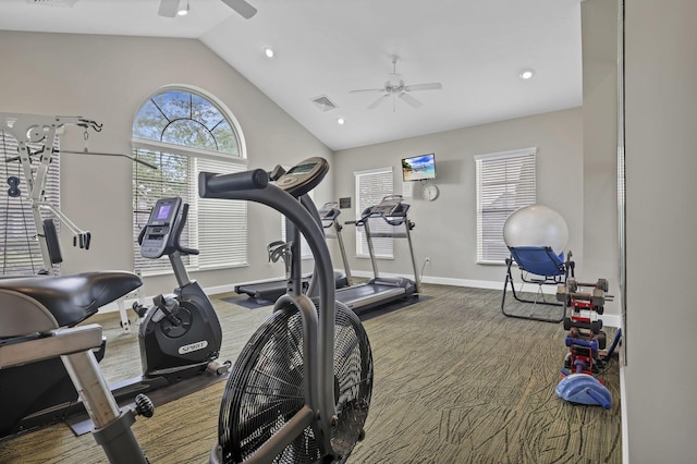 6542 Lakeview Cir, Canal Winchester, OH 43110 - exercise room featuring a ceiling fan, lofted ceiling, baseboards, and recessed lighting