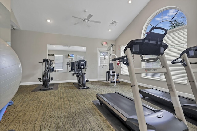 6542 Lakeview Cir, Canal Winchester, OH 43110 - exercise room with ceiling fan, baseboards, vaulted ceiling, and recessed lighting